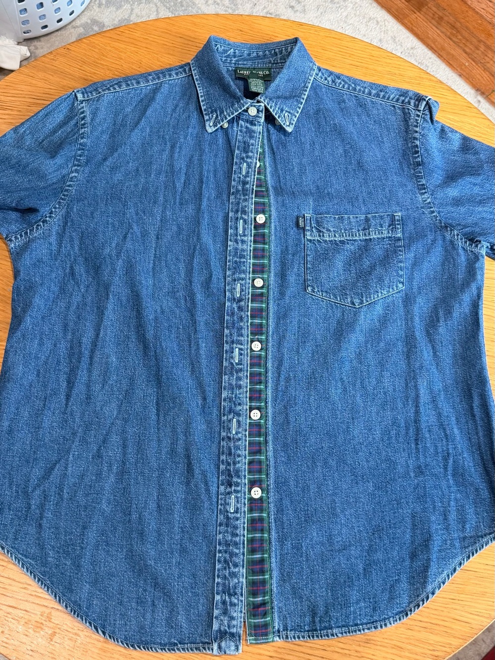 Ralph Lauren Blue Denim Button-Down Shirt with Tartan Placket